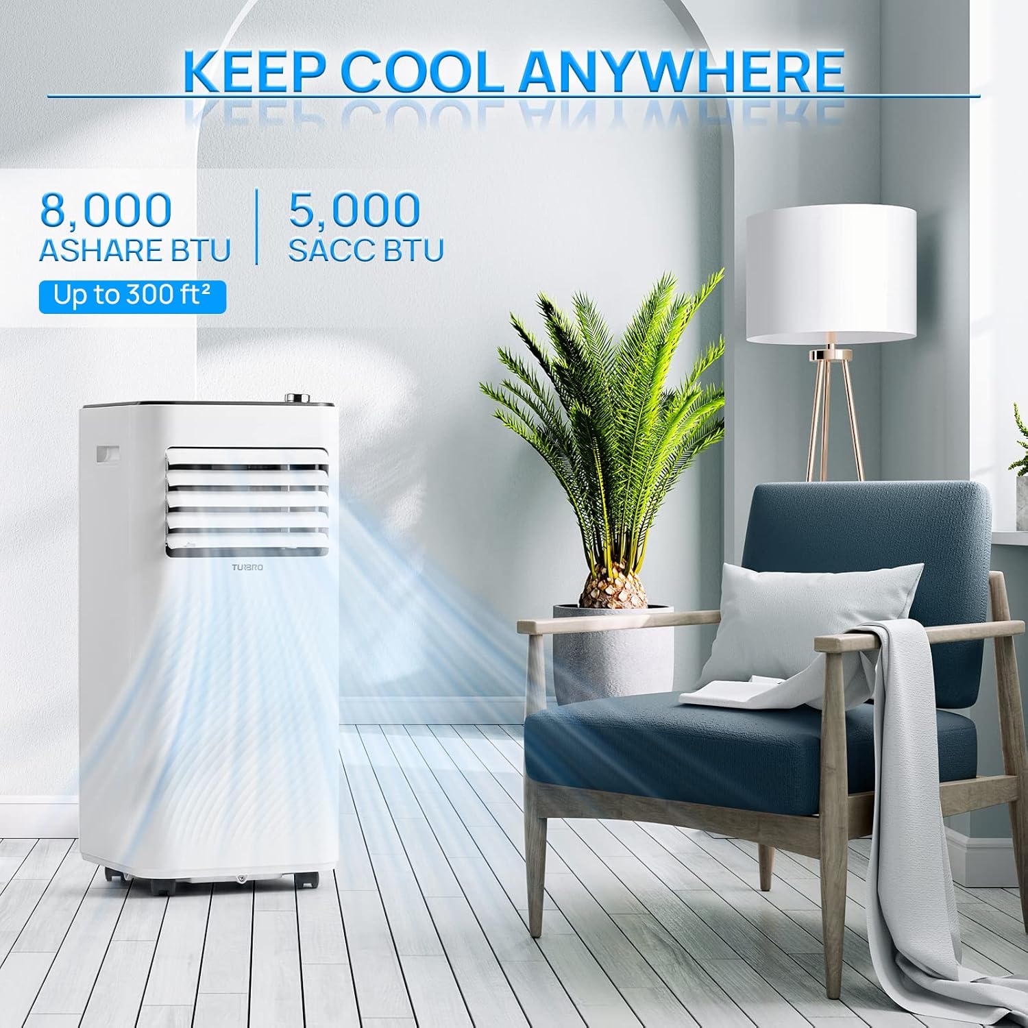TURBRO Finnmark 8,000 BTU Portable Air Conditioner, Dehumidifier and Fan, 3-in-1 Floor AC Unit for Rooms up to 300 Sq Ft, Sleep Mode, Timer, Remote Included (5,000 BTU SACC)