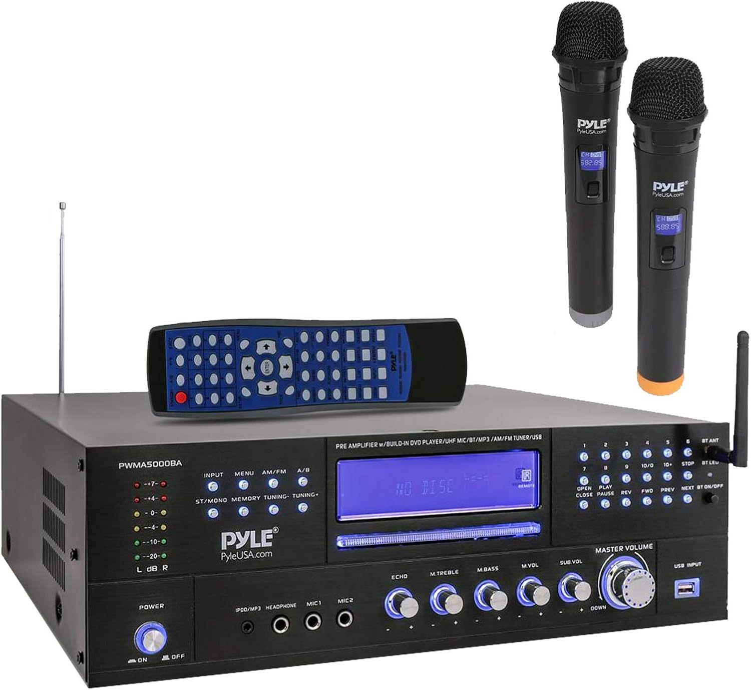 Pyle 3000W Bluetooth USB Home Theater Preamp AM/FM Stereo Receiver System with 2 Wireless Mics - Bundle Combo with 4x 3.5