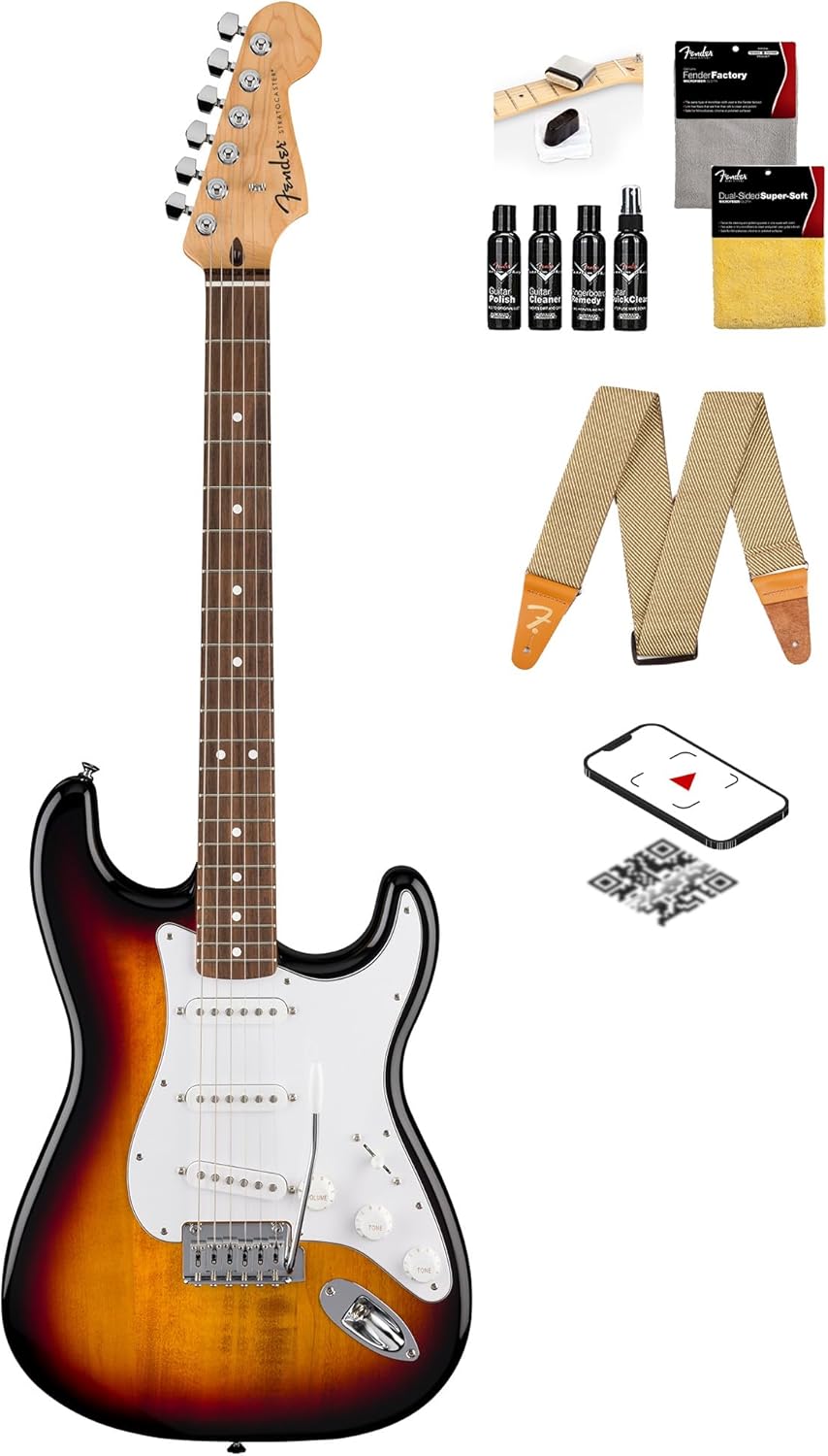 Fender Standard Stratocaster - 3-Color Sunburst Bundle with Strap, Guitar Cleaning Kit and Austin Bazaar Instructional Video