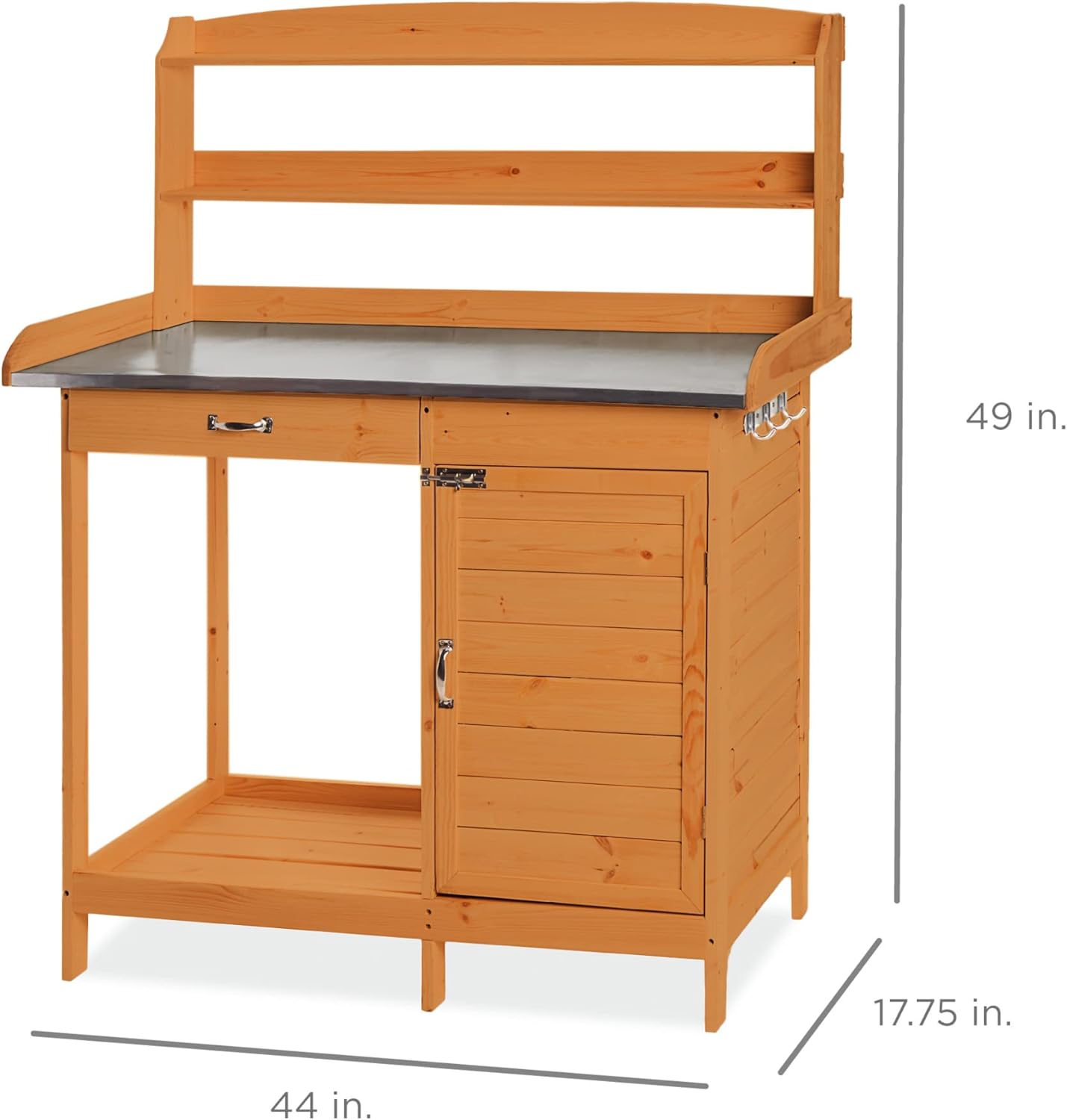 Best Choice Products Outdoor Garden Wooden Potting Bench Work Station w/Metal Table Top, Pre-Stained Finish, Cabinet, Sliding Drawer, Large Bottom Shelf - Brown