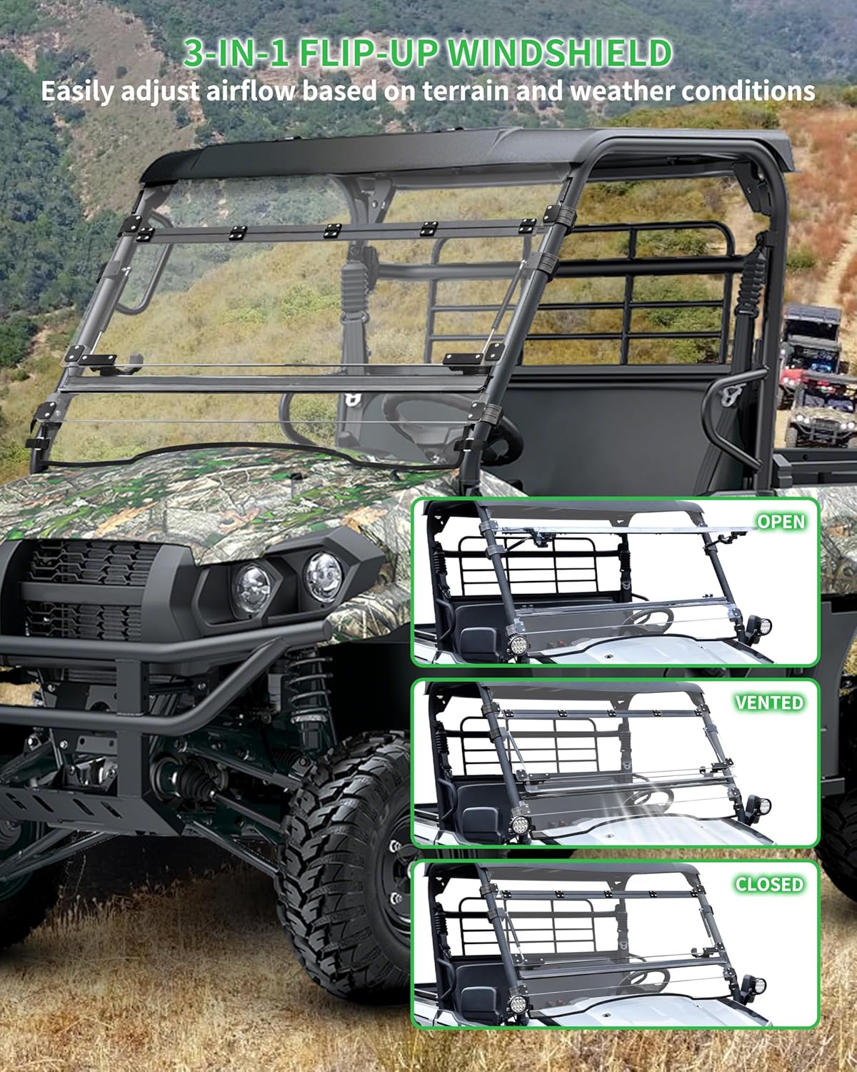 3-IN-1 Front Flip Up Windshield for Kawasaki MULE PRO MX 2019-2026 Accessories, 1/5