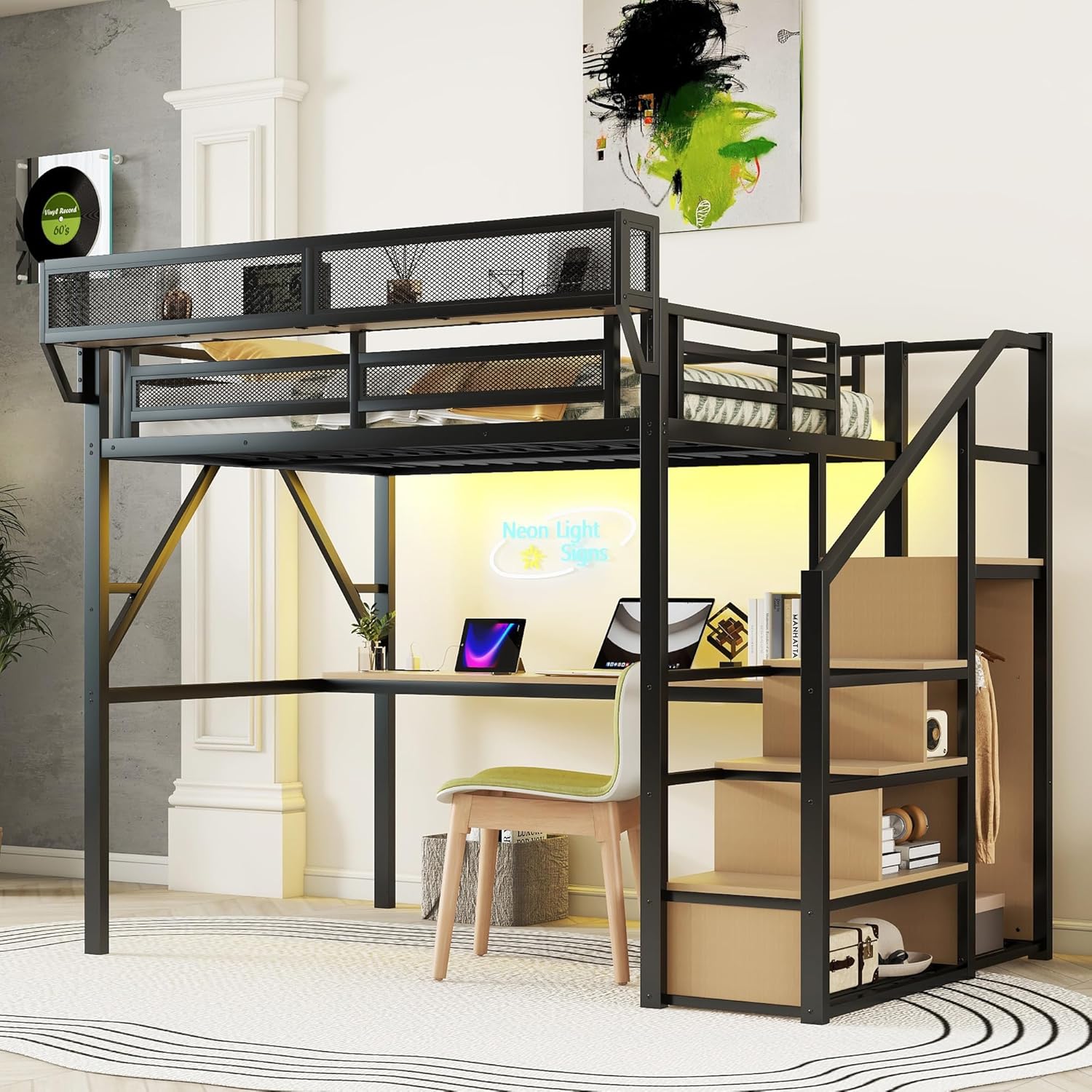 Full Loft Bed with Desk and Charging Station, Full Size Metal Loft Bed with Stairs and Light for Kids Teens, Black, Patent Products