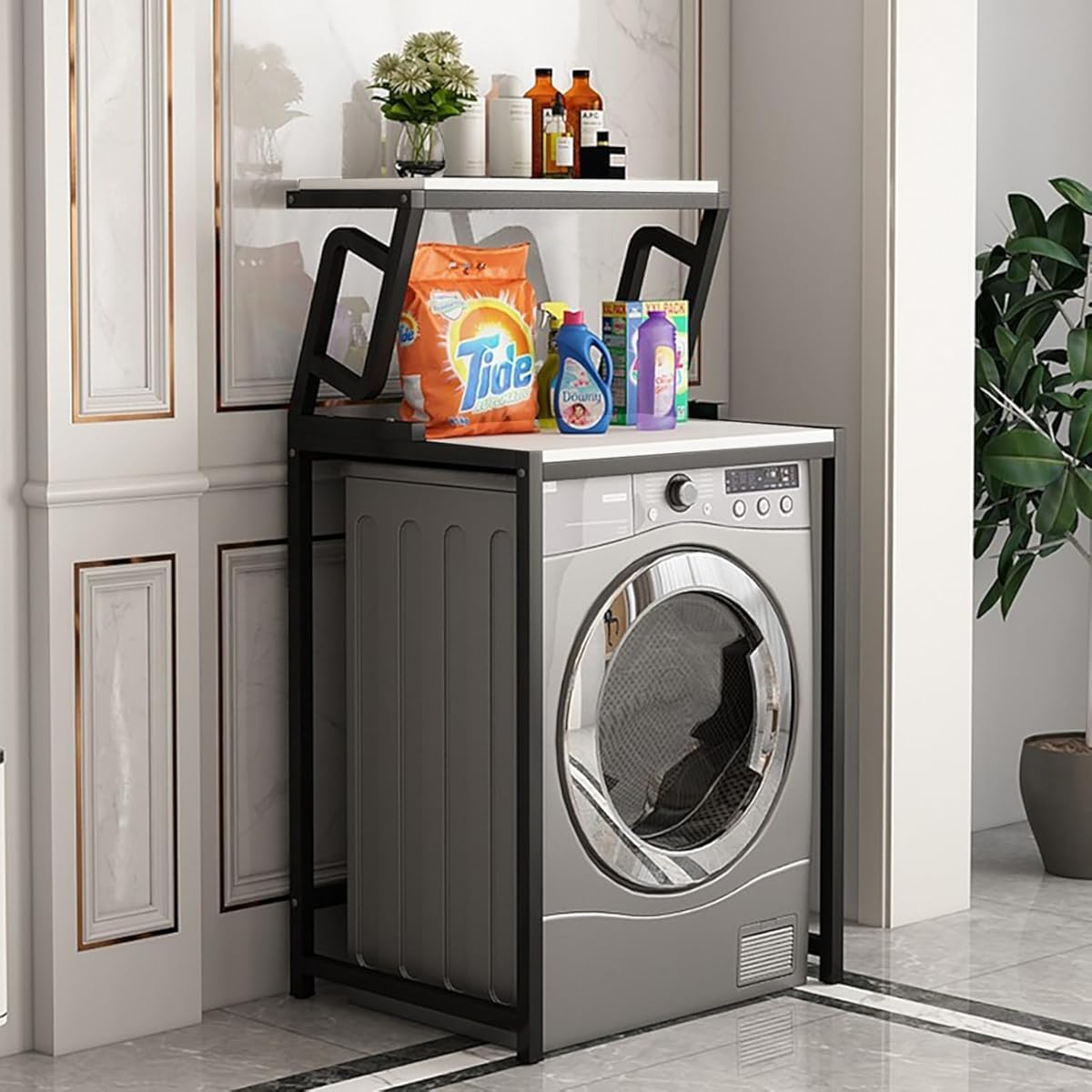 Tiers Washing Machine Storage Rack,Over The Washer and Dryer Storage Shelf,Space Saving Shelving Units,Laundry Room Storage Organizer,Drum Washing Machine Cabinet(Black White) Tumbl