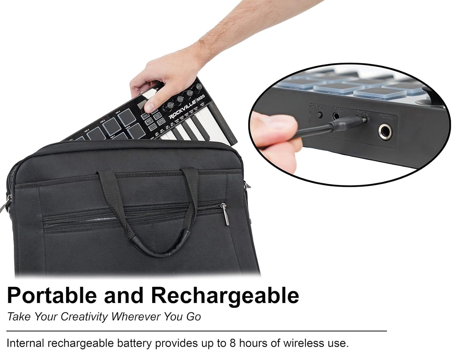 Rockville M25 Black 25 Key USB Wireless Bluetooth Keyboard Controller+Headphones