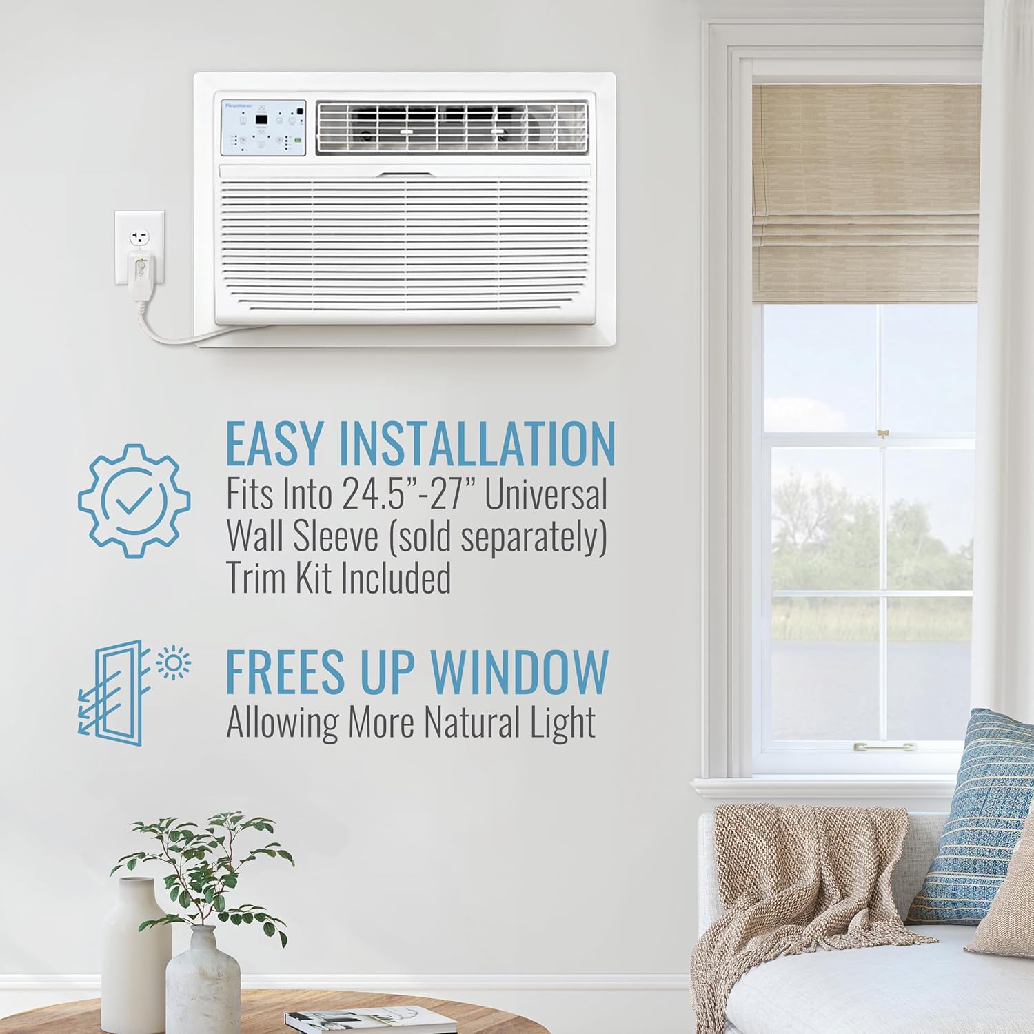 Keystone 10,000 BTU 230V Wall Mounted Air Conditioner with Supplemental Heat and Dehumidifier Function, Quiet Wall AC with Remote Control for Small and Medium Sized Rooms up to 450 Sq.Ft.
