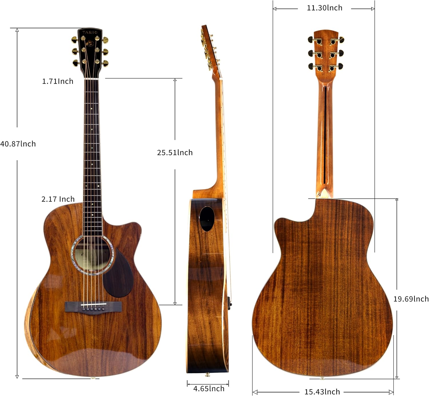 TARIO 41'' Electric Acoustic Antique Guitar Solid Acacia Top Acacia Back and Sides Mahogany Neck