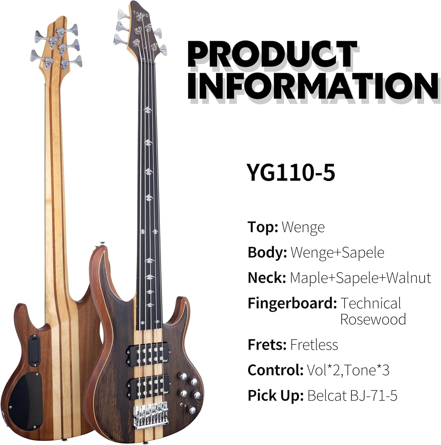 TARIO Fretless 5 string electric bass Guitar Millettia Laurentii Top Okoume body composite ebony fingerboard