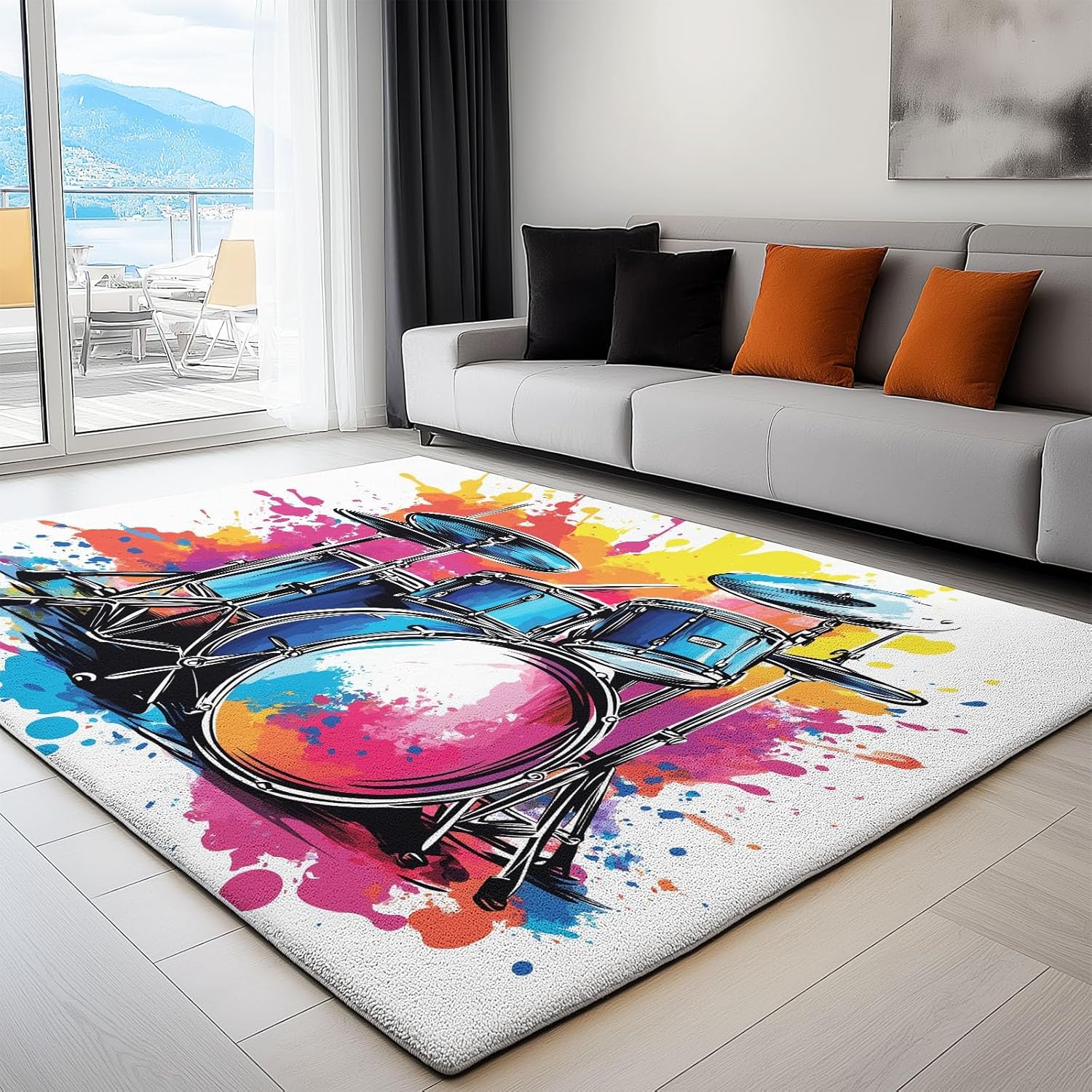 Music Drum Set Area Rug for Living Room, 8 X 10 Ft Machine Washable Area Rug Non-Slip Stain Resistant Carpet, Low-Pile Indoor Floor Carpet for Bedroom Office Dining Home Decor, Graffiti