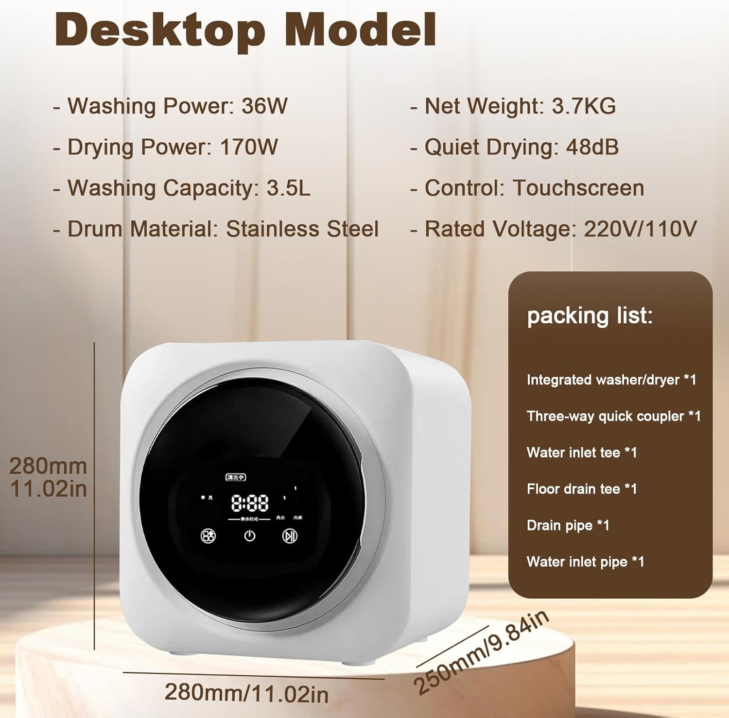 Smart Drum Washing and Drying Machine,3.5l Touchscreen Operation,Stainless Steel Inner Drum,Four Programs: Wash/Dry/Wash/Dry/Clean-for Apartment, Dorms Desktop