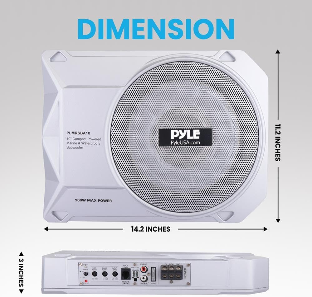 Pyle 10-Inch Low-Profile Amplified Subwoofer System - 900 Watt Compact Enclosed Active Marine Underseat Car Subwoofer with Built In Amp, Powered Car Subwoofer w/ Low & High Level Inputs