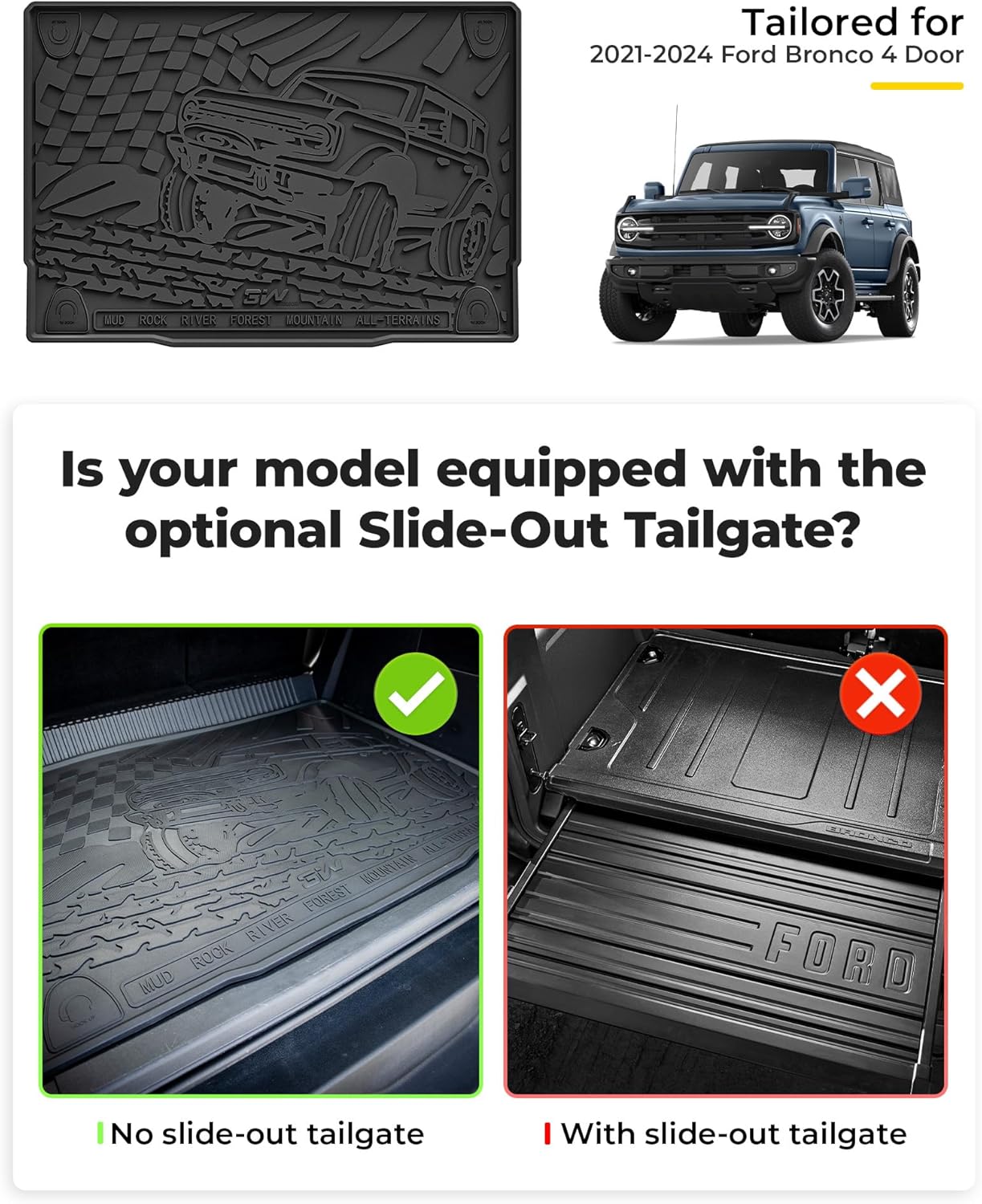 3W Ford Bronco Floor Mats & Cargo Liner & Back Seat Cover Custom Fit for 2021 2022 2023 2024 2025 Bronco 4 Door All Weather Custom Fit Ford Bronco Accessories (Not for Sport & Rubberized Floor)