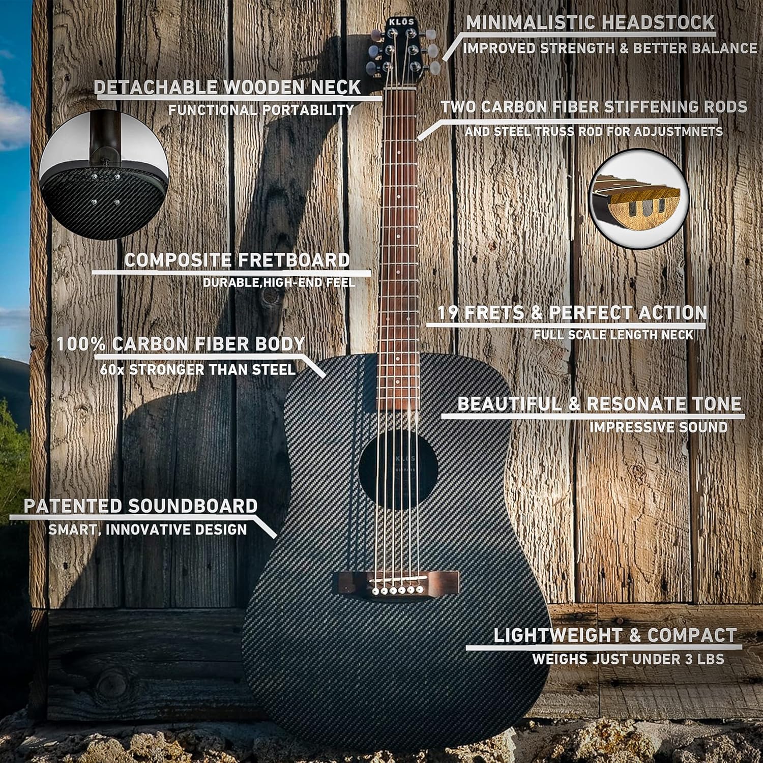 KLOS Full Size Guitar, Durable Carbon Fiber Acoustic Guitar - Black with Gig Bag, Strap, Capo, and more