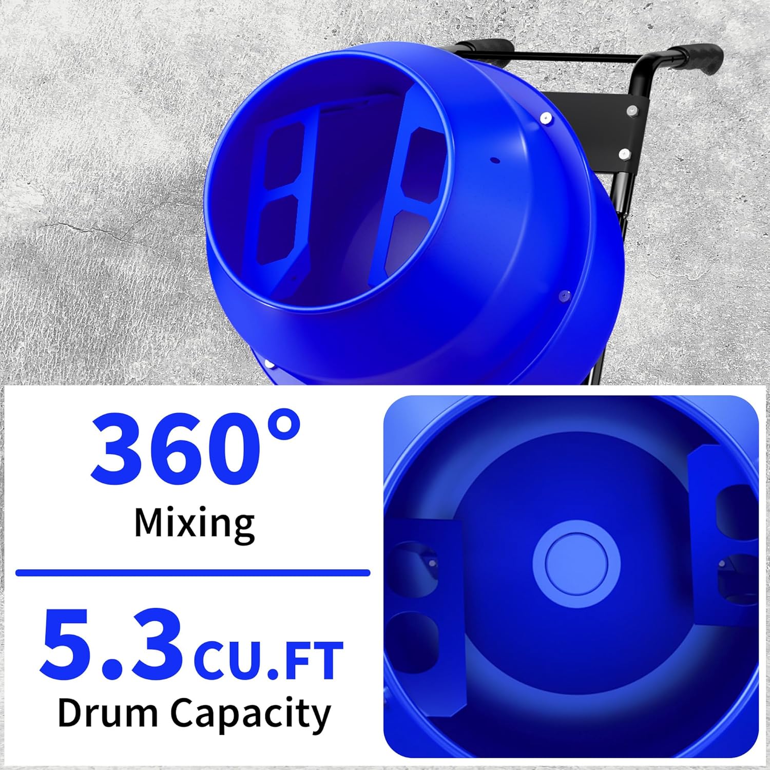 Electric Concrete Mixer, 5.3 Cubic Ft, 1HP. 750W Portable Electric Poly Drum Concrete Mixer, Heavy Duty Power Cement Mixing Machine for Mortar, Stucco and Fodder
