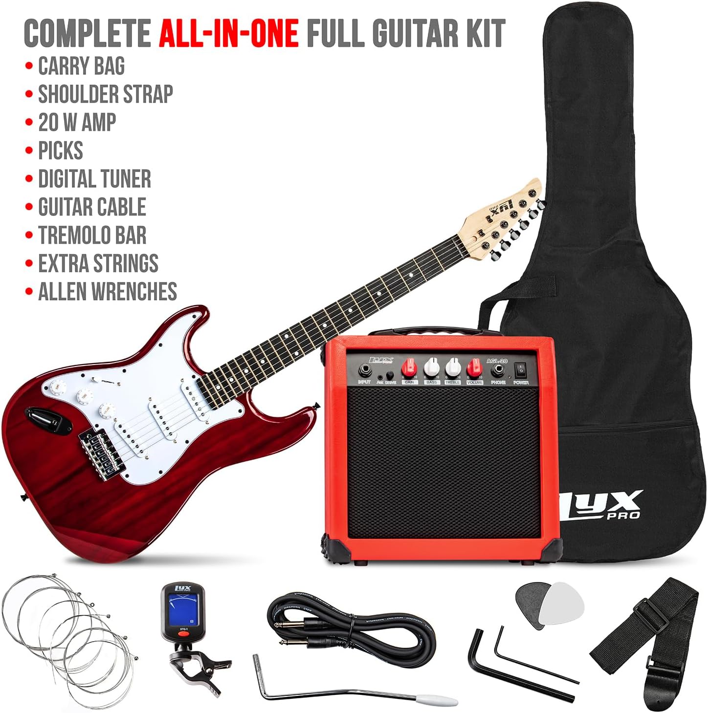 LyxPro Left Hand 39 Inch Electric Guitar and Starter Kit for Lefty Full Size Beginner’s Guitar, Amp, Six Strings, Two Picks, Shoulder Strap, Digital Clip On Tuner, Guitar Cable and Soft Case - Red