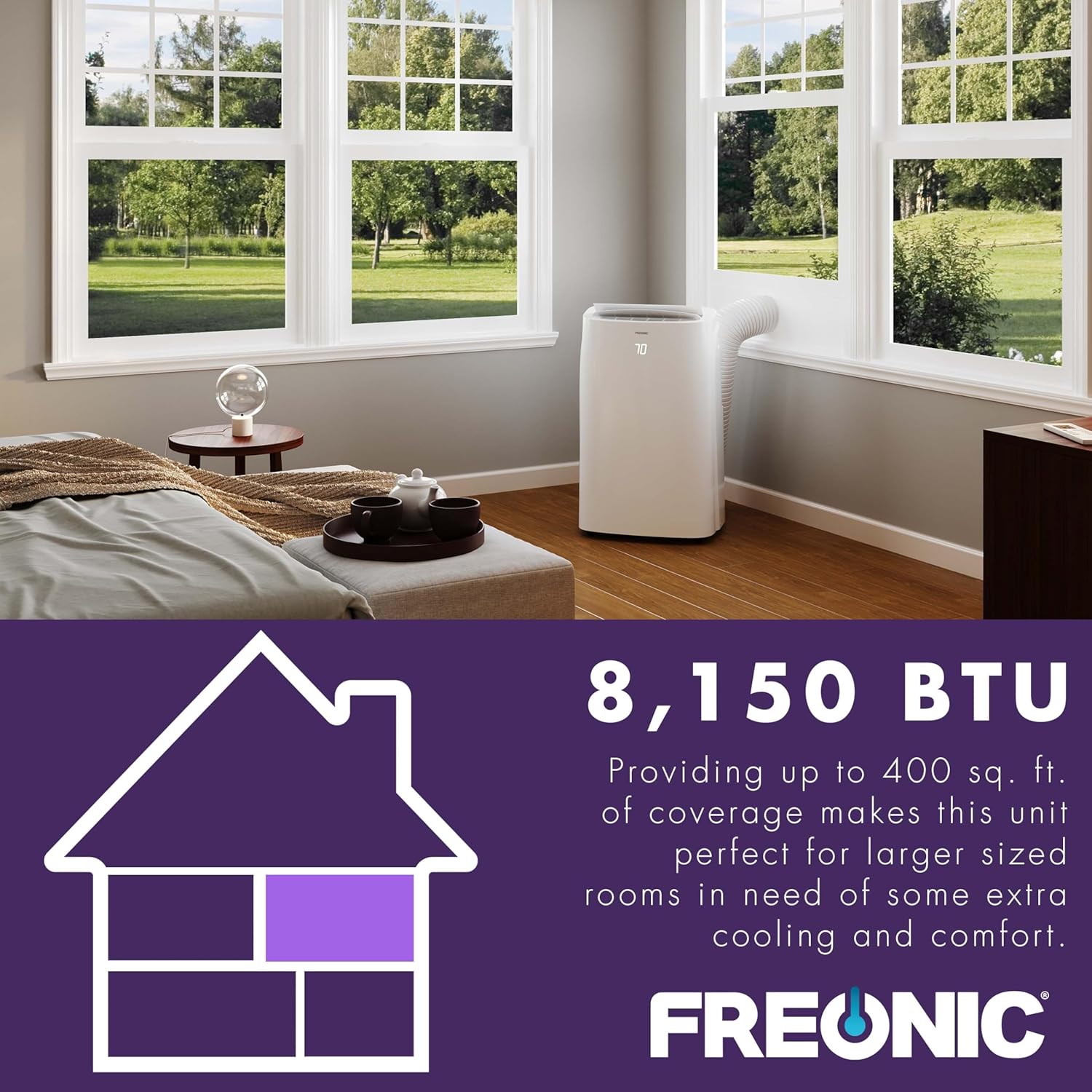 FHCP081AKR 8,150 BTU Portable Air Conditioner, AC for Rooms Sq.Ft, LED Display, 24H Timer, Auto-Restart, Sleep Mode, Dehumidifier, White, Up to 400 Sq. Ft