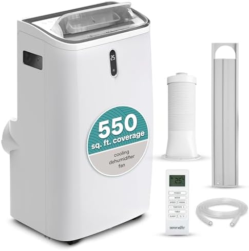 SereneLife 12,000 BTU Portable Air Conditioner - Compact Room Air Conditioner with Dehumidifier & Fan, Mini AC Unit for Rooms Up to 550 Sq. Ft., Window Kit Included, Rolling Wheels, Black