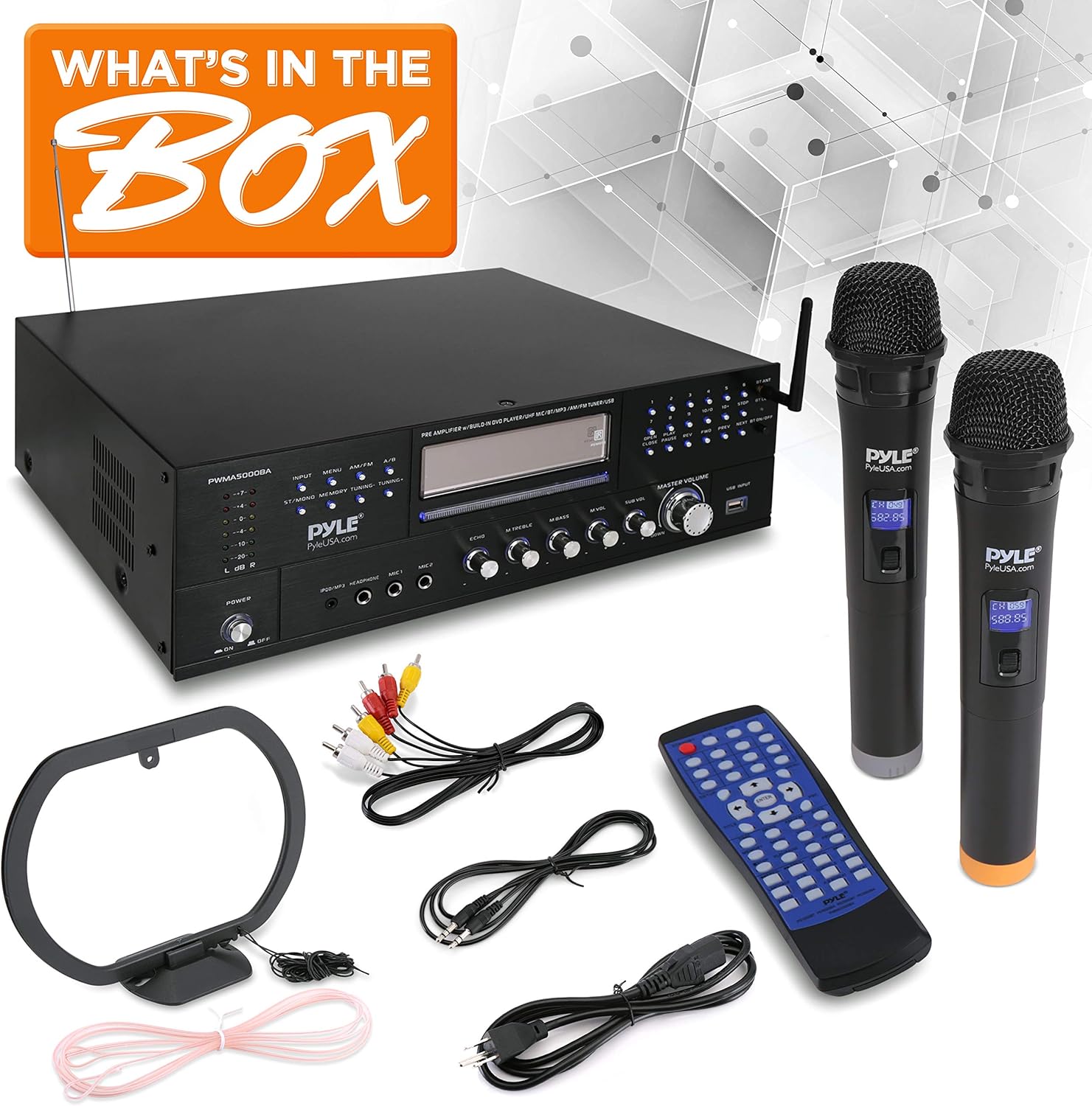 Pyle 4-Channel Wireless Microphone Amplifier System - Home Audio Stereo Receiver with CD/DVD Player, Dual UHF Mics, MP3/USB Playback, AM/FM Radio, Bluetooth Connectivity, Rack Mountable