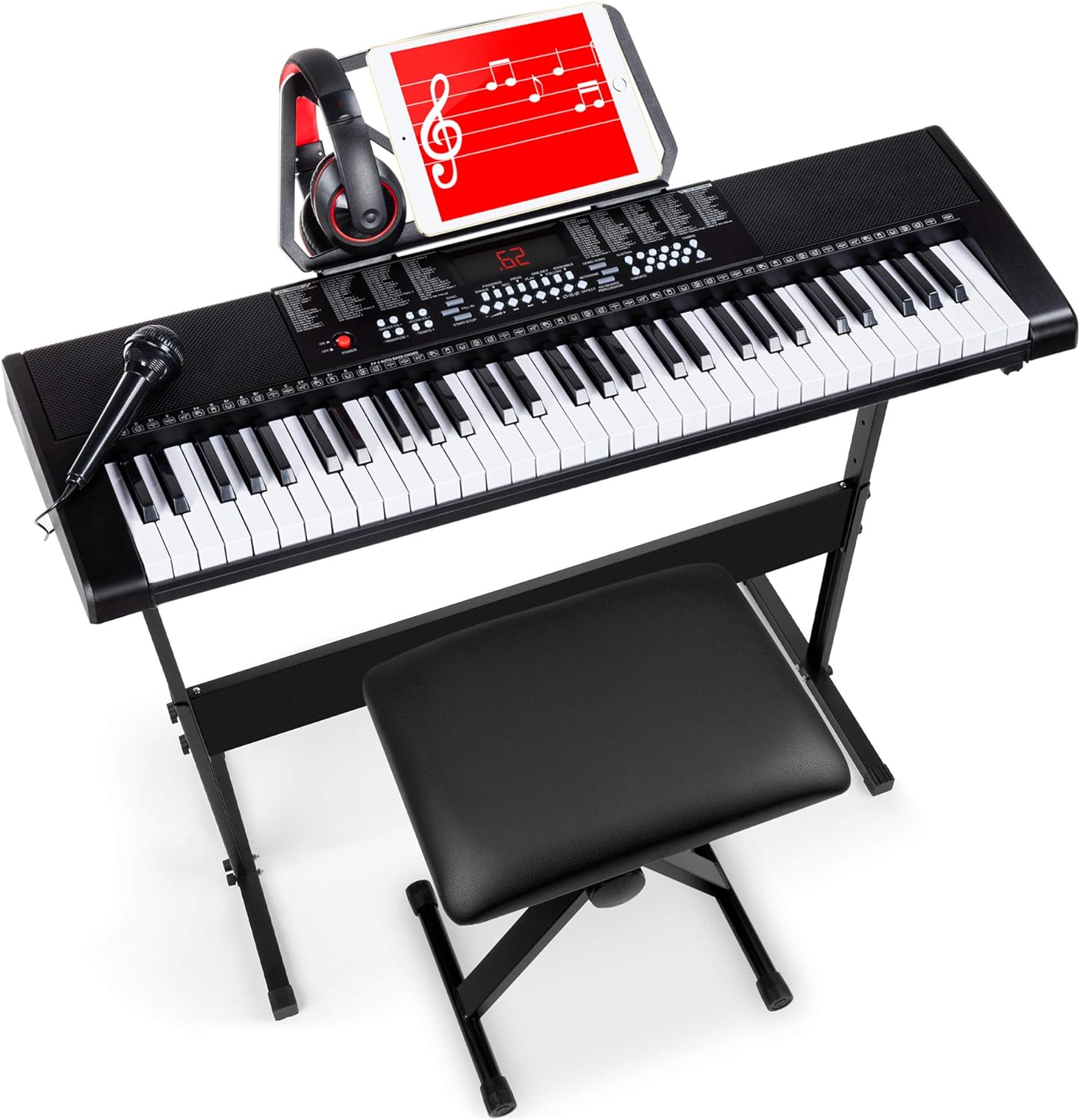 Best Choice Products 61-Key Electronic Keyboard Piano Portable Electric Keyboard Complete Beginner Set w/LED Screen, Stand, Bench, Headphones - Black