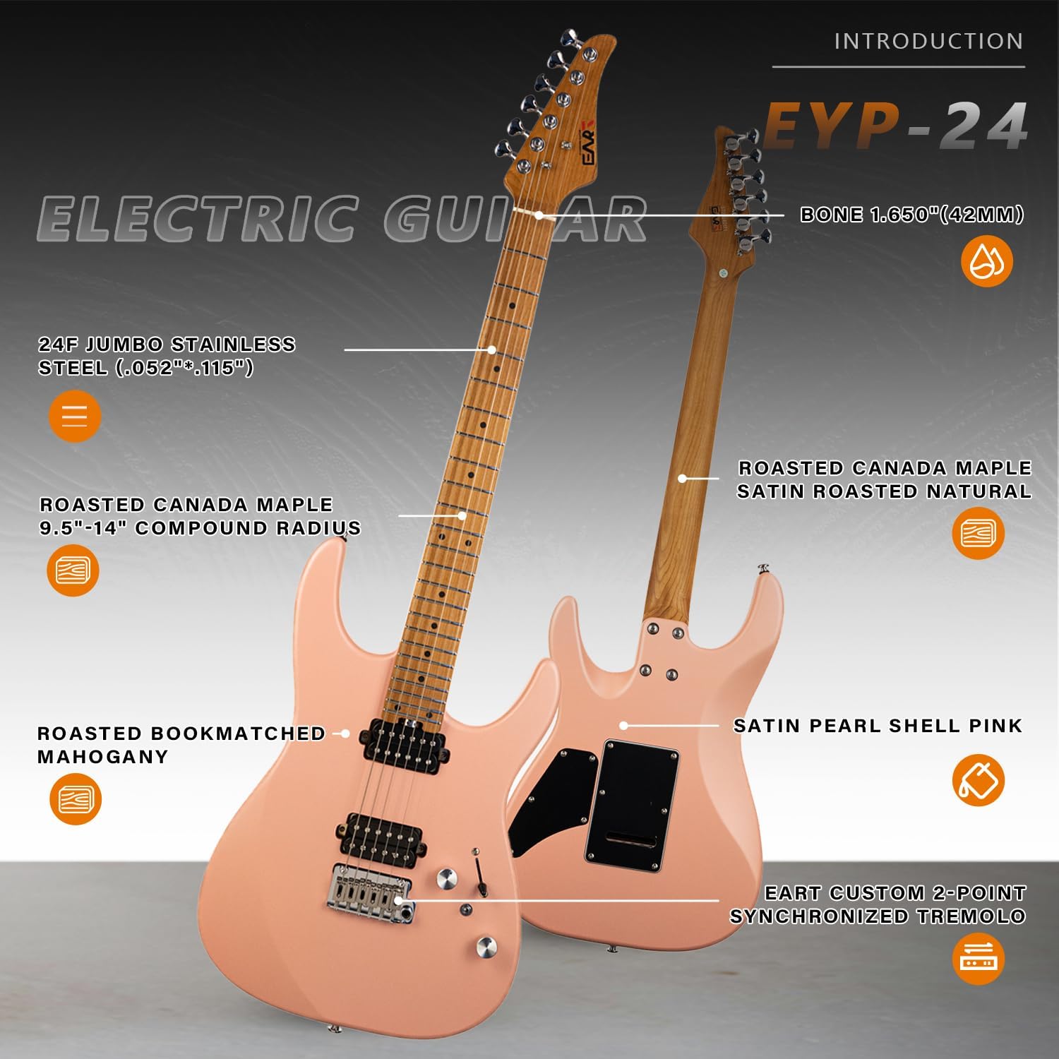 EART 6 String Solid Body Electric Guitar EYP-24 Roasted Bookmatched Mahogany Body Artones-Hh-Y Pickup Set for Creative Young Musicians with Gigbag