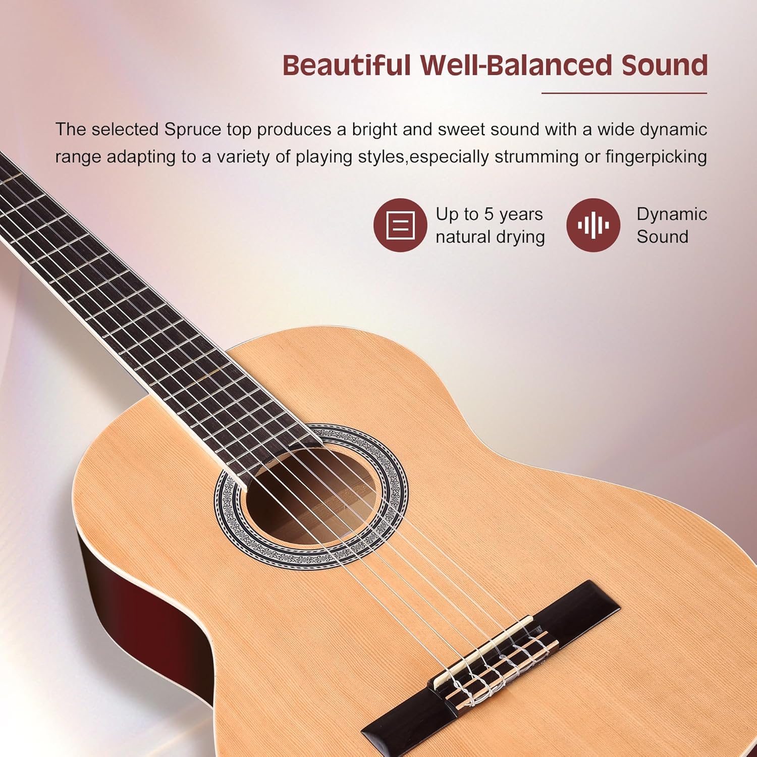 ADM Full Size Classical Nylon Strings Acoustic Guitar 29 x 75x 50mm Classic Guitarra Starter Bundle for Adult with Free Lessons, Gig Bag, Tuner, Footstool, Kids Student Beginner Kits, Nature