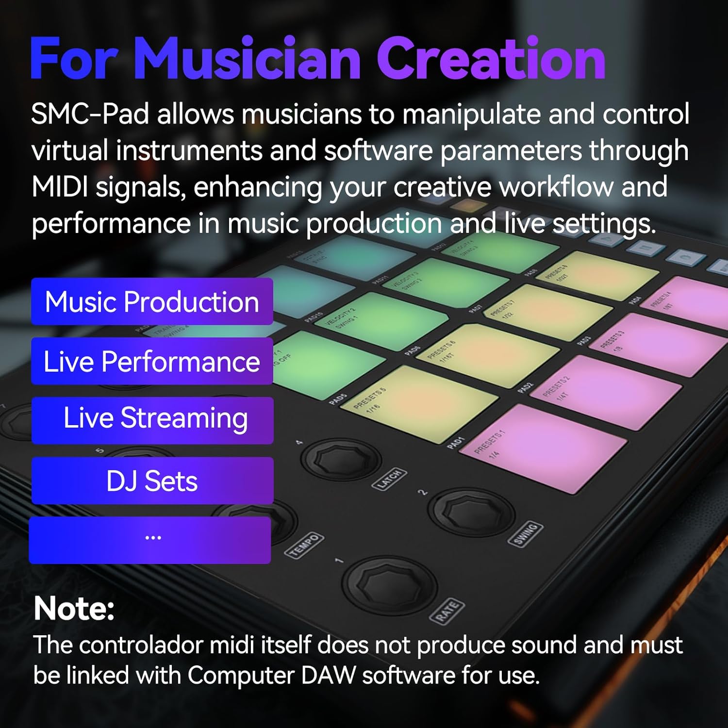 Bluetooth Beat Maker Machine - Portable M-Wave MIDI Controller Drum Pad Keyboard, Studio Equipment for Recording Music at Home (SMC-PAD Pocket with Type-C Lightning Adapter)