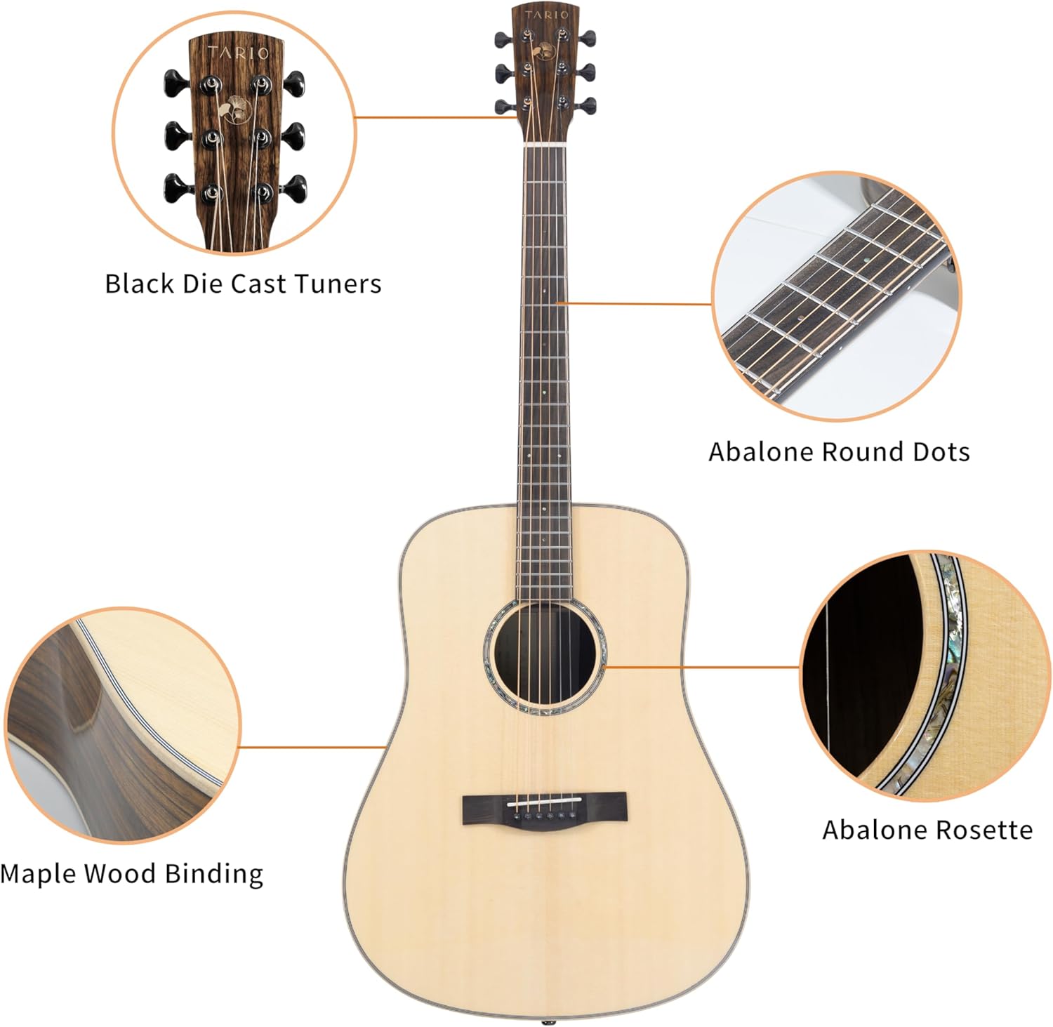 TARIO 41'' Acoustic All Solid Guitar Solid Spruce Top Solid Ovangkol Back and Sides Mahogany Neck