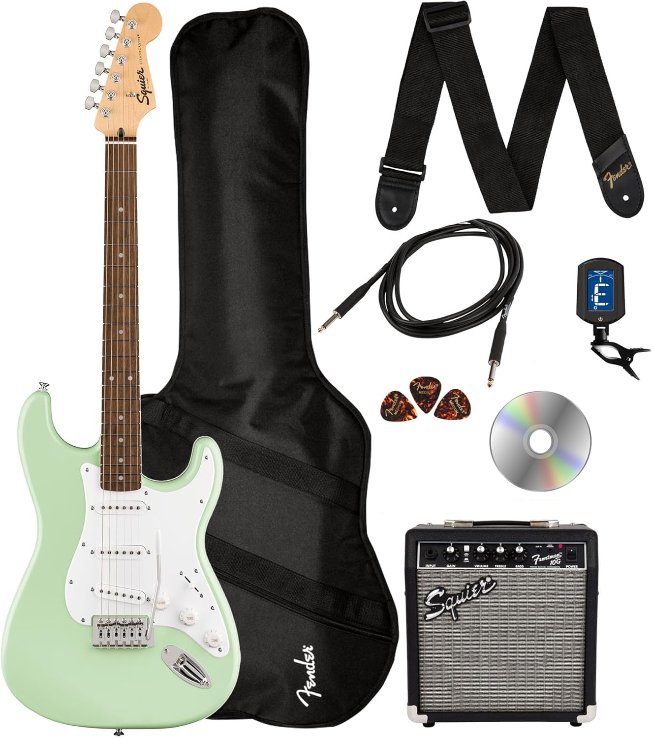 Fender Squier Sonic Stratocaster - Surf Green Bundle with Frontman 10g Amp, Gig Bag, Cable, Strap, Tuner, Picks, and Austin Bazaar Guitar DVD