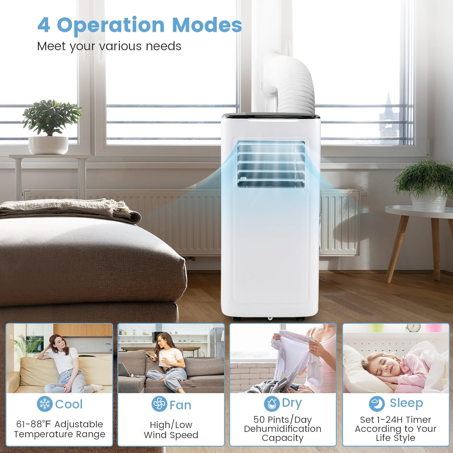 KOTEK Portable Air Conditioners, 9000 BTU Cools up to 280 Sq. Ft 4-in-1 AC Unit for Bedroom w/Sleep/Dehumidifier/Fan/Cool Mode, Window Kit/Remote Control, Room Air Conditioner Portable for Home Office