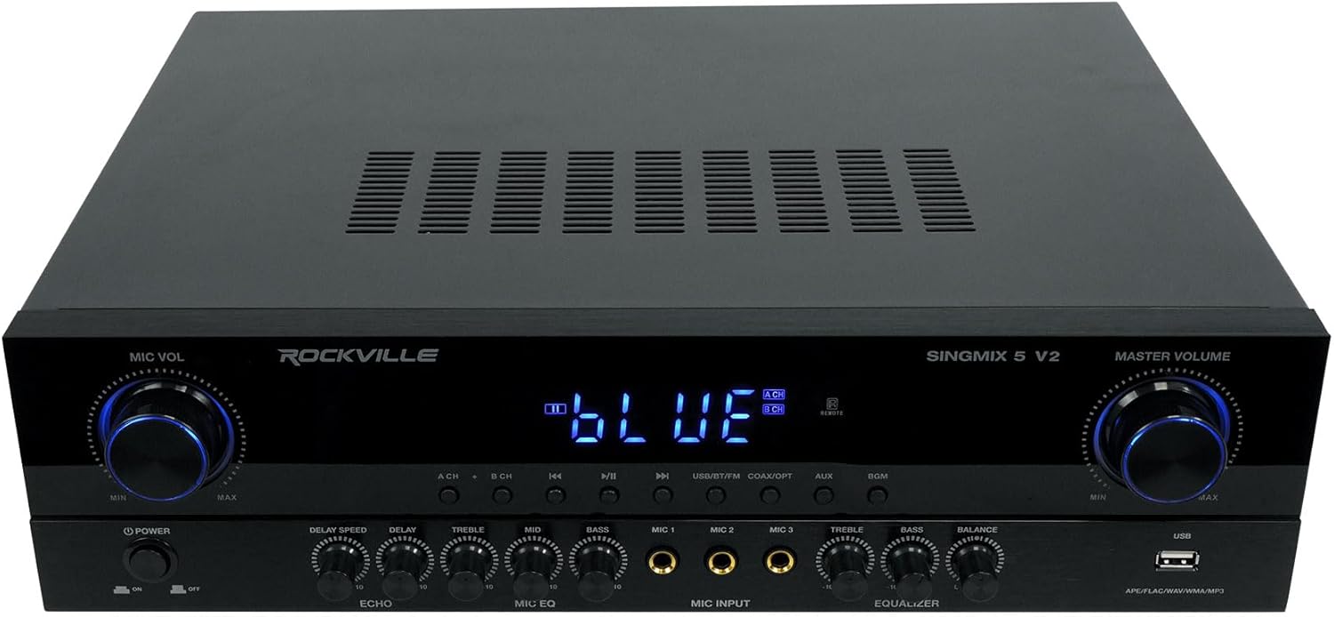 Rockville SingMix 5 V2 2000W Karaoke Mixing Amplifier, Bluetooth, USB/SD, Optical/Coax Inputs, Echo Effects, Remote Control, Perfect for Home Karaoke and Professional Venues