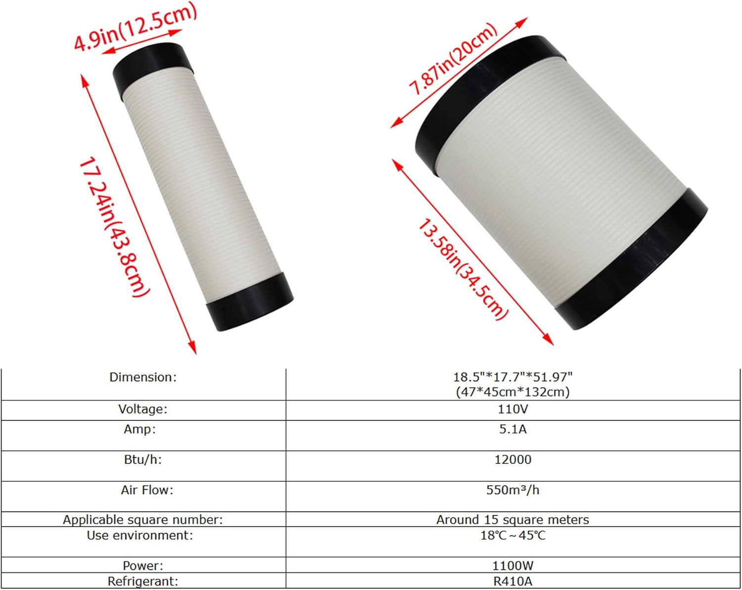 110V Industrial Air Conditioner for Hospitals Research Institutes Disaster Scene Ambulances Automobile Repair Centers Black Double Tube 1100W