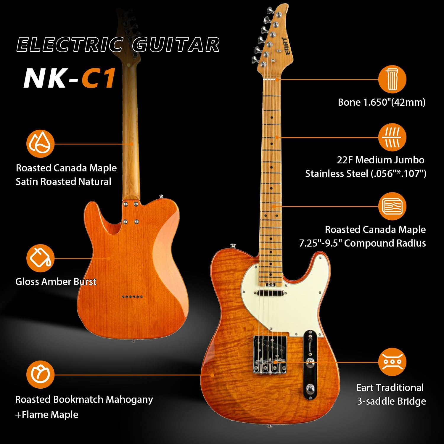 EART NK-C1 Soild Body Electric Guitar - Roasted Mahogany/Flame Maple Body & Maple Neck, Stainless Steel Frets, Bone Nut, Artones-TSC Pickups, Vintage Tones
