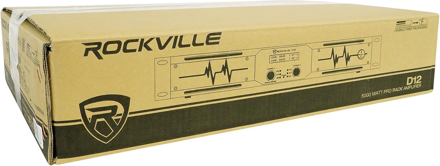 Rockville D12 5000W Peak/1400W RMS 2-Channel Class D Amplifier, LCD Display, Crossover Switch, Rack-Mountable, 4/8 Ohm Power Output, for DJs and Live Sound