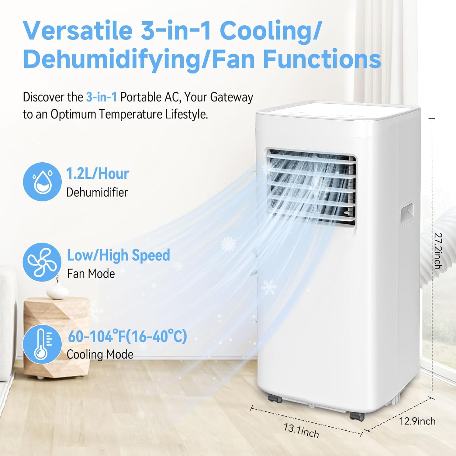 8500 BTU Portable Air Conditioners with Dehumidifier & Fan - 3-in-1 Cooling Unit for Rooms up to 450 Sq.Ft, Remote Control, Sleep Mode & Easy Installation Kit, Ideal for Studios/Offices/Home Use