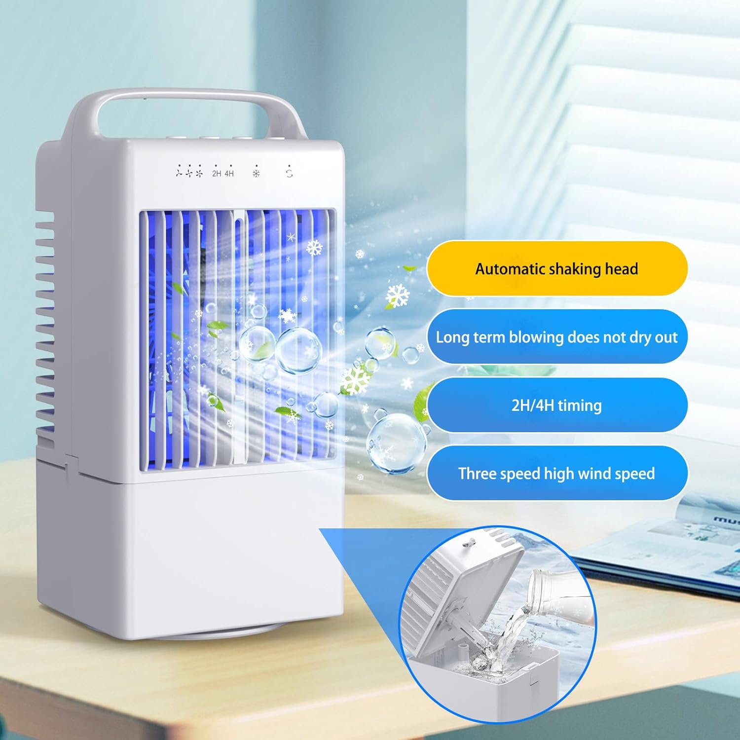 HELLORSO Portable Air Conditioners Oscillating Fan,Desk Mini Air Evaporative Cooler with Upgraded 3 Cool Mist&Speed and Timer, Small AC Desktop Personal Air Conditioner for Office Room (White-1pc)