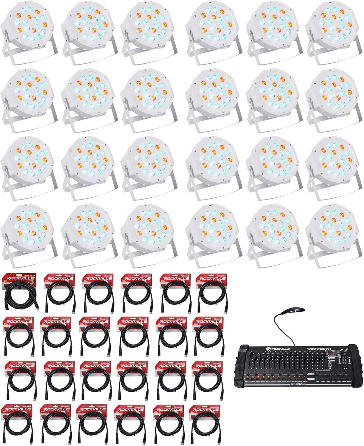 Rockville RockPAR50 WHT Bundle: (24) LED RGB Par Can DMX Wash Lights-White, ROCKFORCE 384-Channel DMX Controller w/MIDI, RDX3M25 25ft & (23) RDX3M10 10ft DMX Lighting Cables, 49-Items