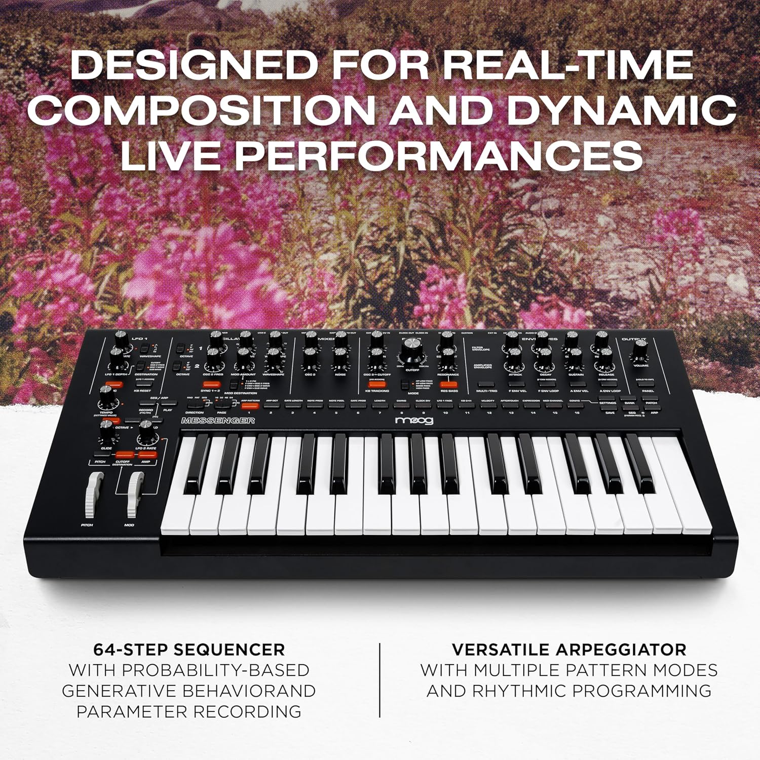 MOOG Messenger - Next-Gen Monophonic Analog Keyboard Synthesizer with 32 Keys, 64-Step Sequencer, 256 Presets and RES BASS Compensation