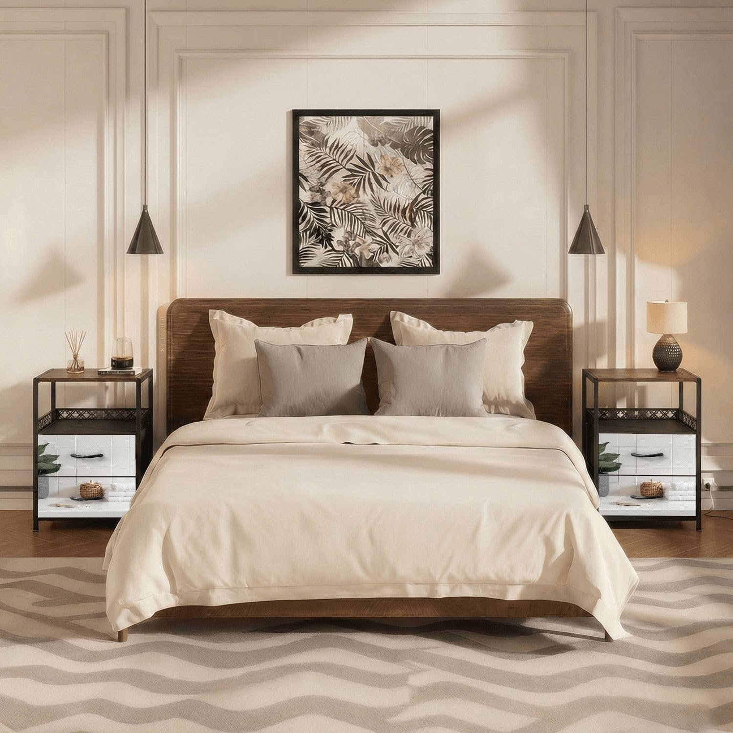 Night Stand with Charging Station Bedside Table with 2 Fabric Drawers Marble White Round for Bathing Products Bathroom spa Shampoo Bedroom Nightstand with USB Ports & Outlets Open Shelf Black