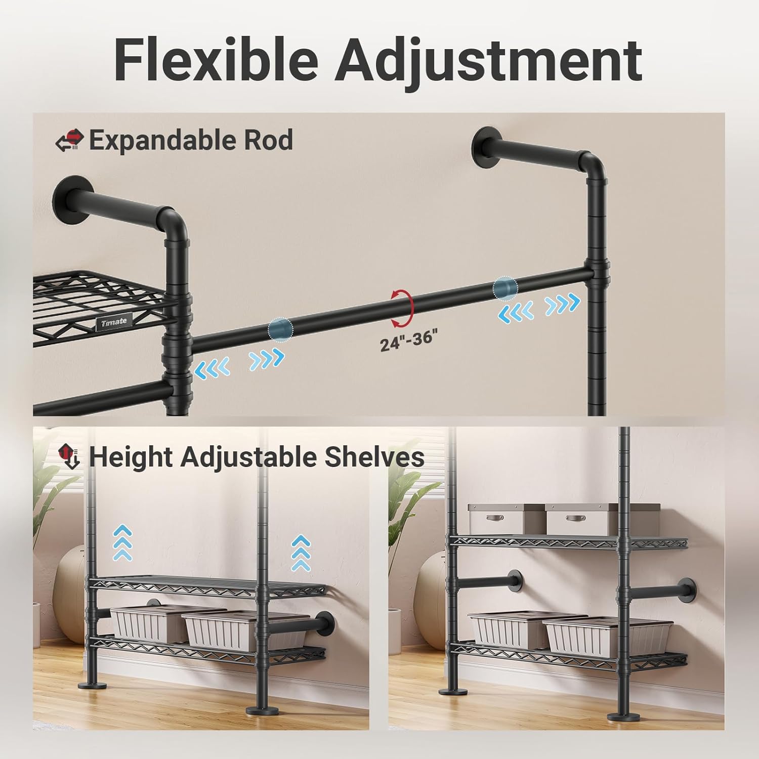 Timate L6 Closet Rack Wall Mount for Corner - Expandable Industrial Pipe Closet , Heavy Duty Hanging Garment Rack, Closet Organizer Storage Solution for Wardrobe, Bedroom, Walk-in Closets, Black