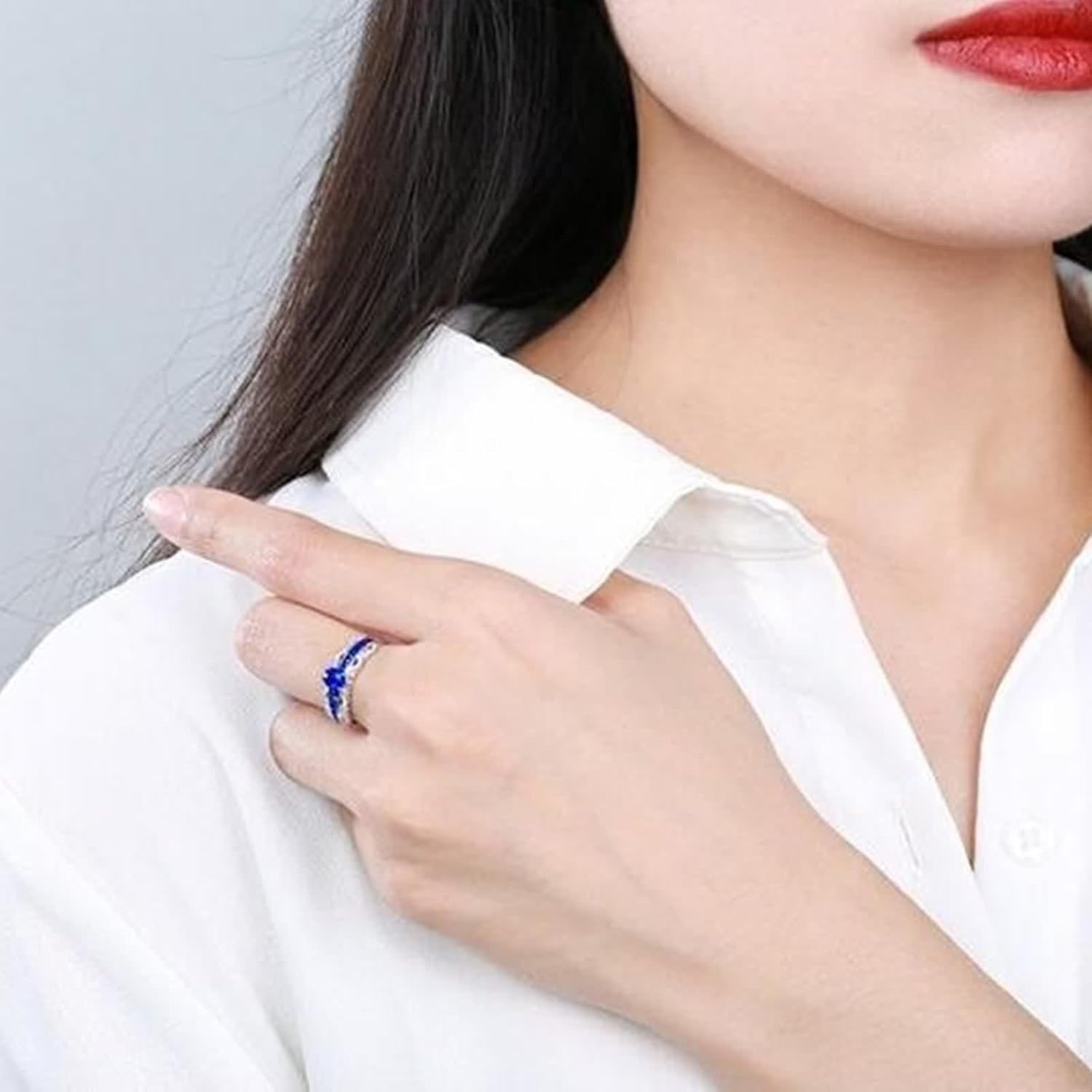 18K White Gold Ring for Women, Proposal Ring Lab Created Sapphire 4 Claws White Gold Band with Moissanite for Engagement Wedding