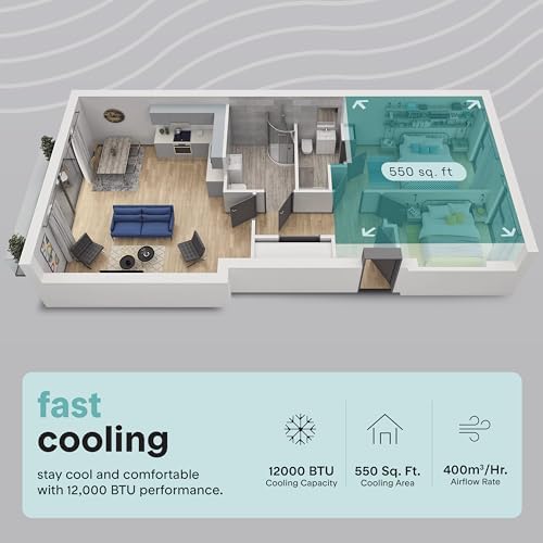SereneLife 12,000 BTU Portable Air Conditioner - Compact Room Air Conditioner with Dehumidifier & Fan, Mini AC Unit for Rooms Up to 550 Sq. Ft., Window Kit Included, Rolling Wheels, Black