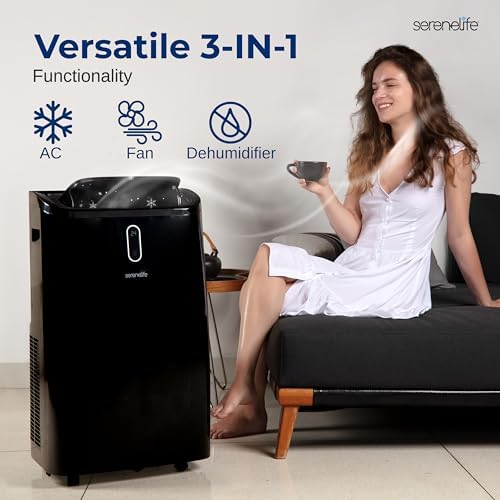SereneLife 14000 BTU Portable Air Conditioner - 115V Compact Standing Air Conditioner for Room Up to 450 Sq. Ft., 3-in-1 Floor AC Unit with Remote Control - Universal Casters, Window Mount Kit
