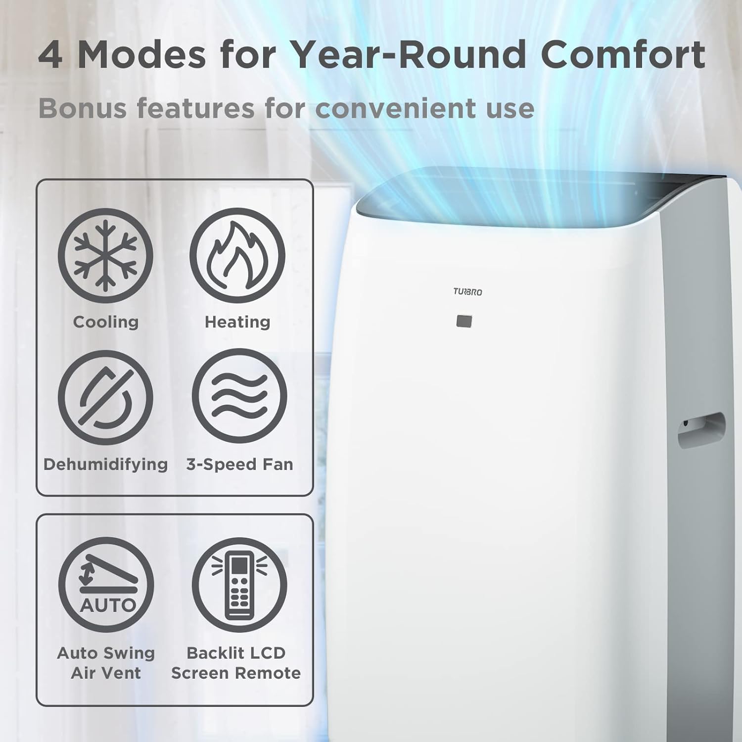 TURBRO 14,000 BTU Portable Air Conditioner & Heater, 4-in-1 AC Unit with Dehumidifier, Fan, UV-C Light for Rooms up to 600 Sq Ft, Remote, Sleep Mode, Easy Installation (10,000 BTU SACC), Greenland