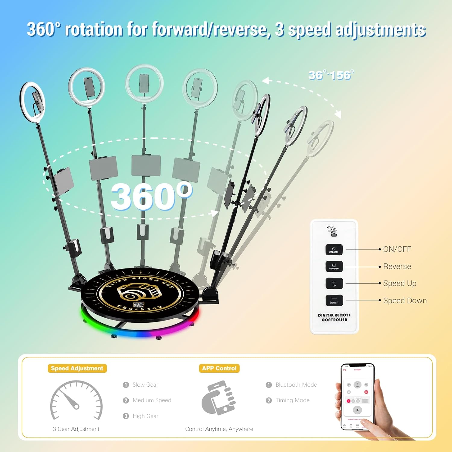 360 Photo Booth Machine for Parties with Light Box RGB,PhotoBooth Chacktok VIP,Software APP Remote Automatic Slow Motion Rotating 360 Video Camera Booth for 4-6People(39.4