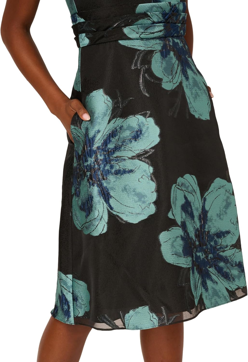 Adrianna Papell Floral Jacquard Belted A Line Midi Dress