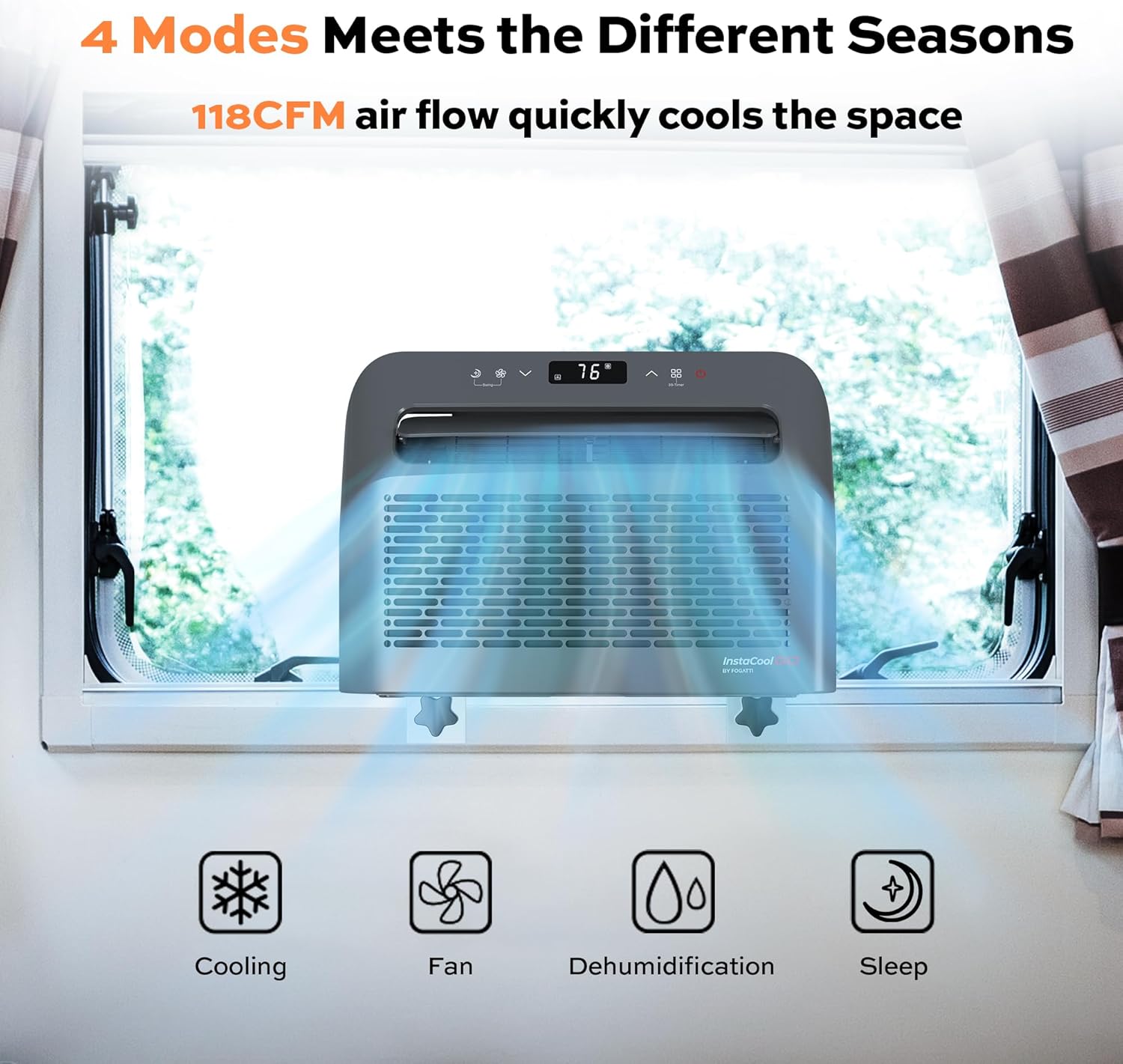 FOGATTI RV Window Air Conditioner, 6500 BTU Cools up to 120Sq.ft, 4-in-1 AC Unit with Remote Control, Suitable For RV and House-workshop, included Window Installation Kits (Silver Grey)