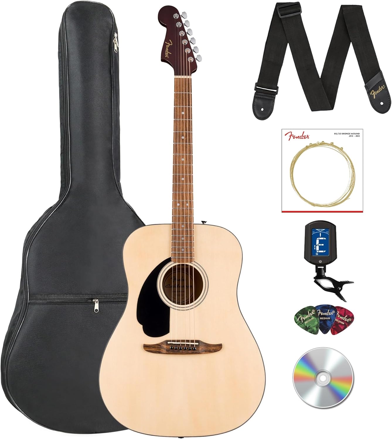 Fender California Standard Redondo Left-Handed Acoustic Guitar - Natural Bundle with Gig Bag, Tuner, Strap, Strings, Picks, and Austin Bazaar Instructional DVD