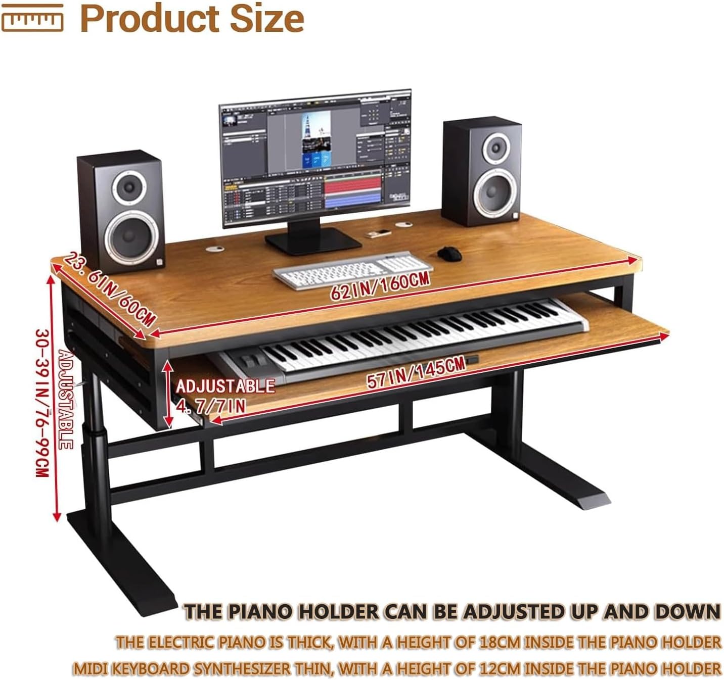 Music Studio Desk Workstation with Keyboard Tray, Office Computer Table with Organized Wiring/Keyboard Shelf Workbench Electronic Piano Midi Production Recording Studio(Walnut Wood+Black Shelf,62in)