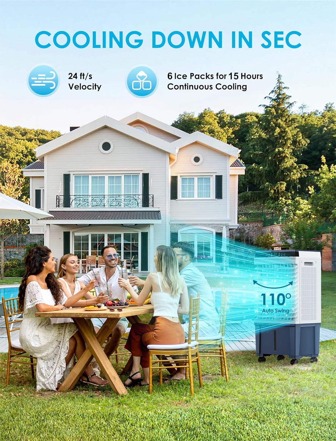 Air Choice Swamp Cooler, 1800 CFM Portable Evaporative Air Cooler, 6 Ice Box & 5.3 Gal Water Tank, 110° Auto Swing, 3 Speeds, Remote, 12H Timer, 3-in-1 Outdoor Air Cooling Fan for Bedroom Home Office