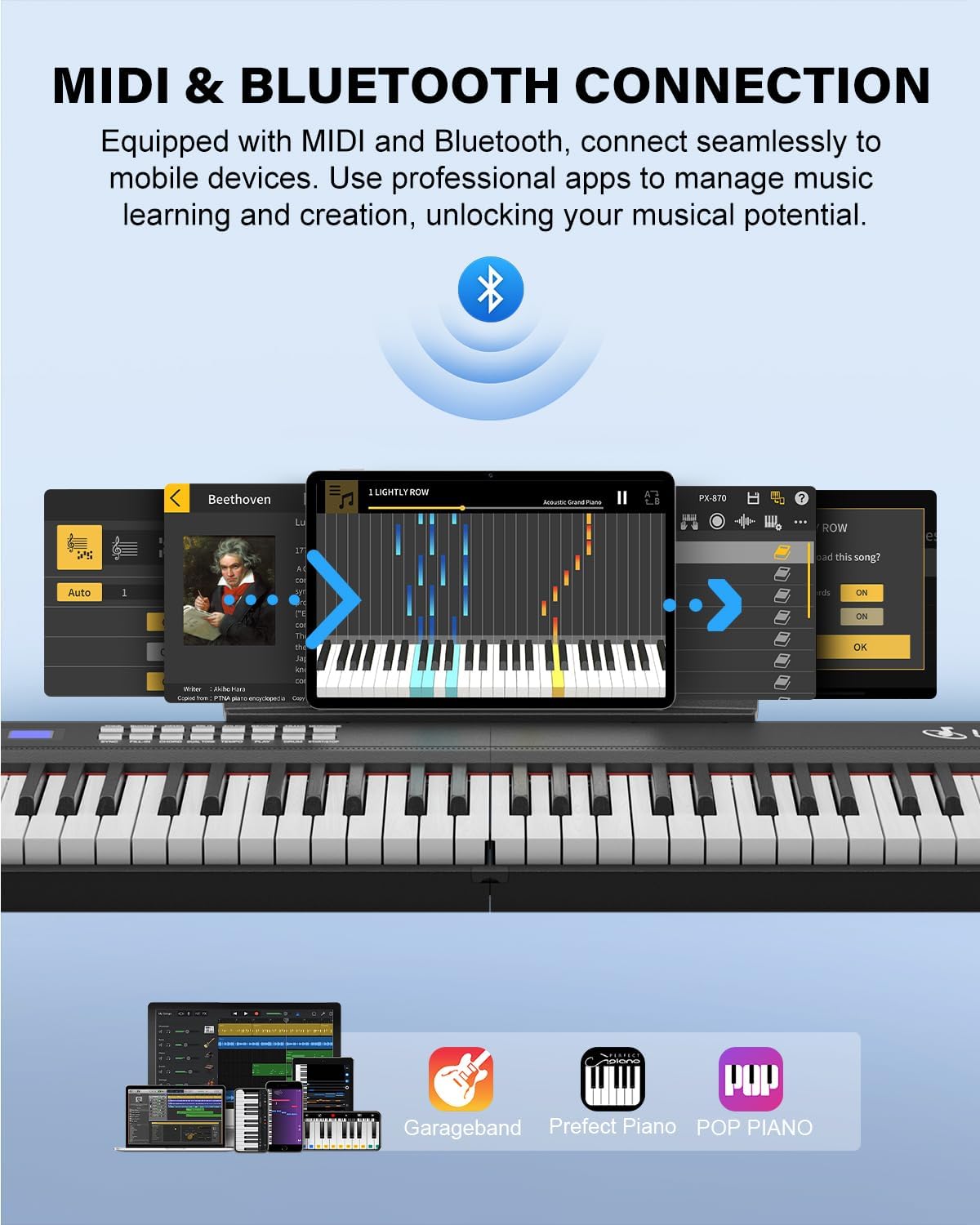 Keyboard Piano 88 Key Semi Weighted Portable Digital Piano for Beginner,Full Size Folding Electric Keyboard with Sustain Pedal,Carrying Case,MIDI,Suitable for Home/Stage（Black）