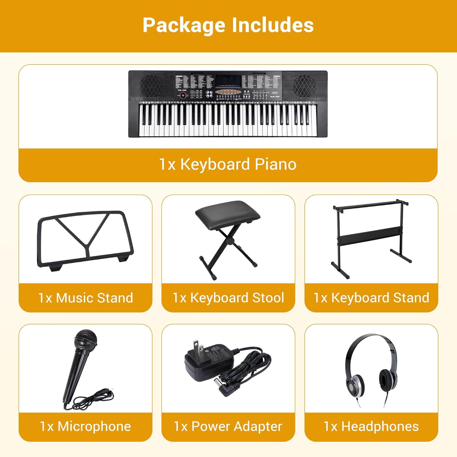 ZENY 61-Key Portable Electric Keyboard Piano with Built In Speakers, LED Screen, Headphones, Microphone, Piano Stand, Music Sheet Stand and Stool